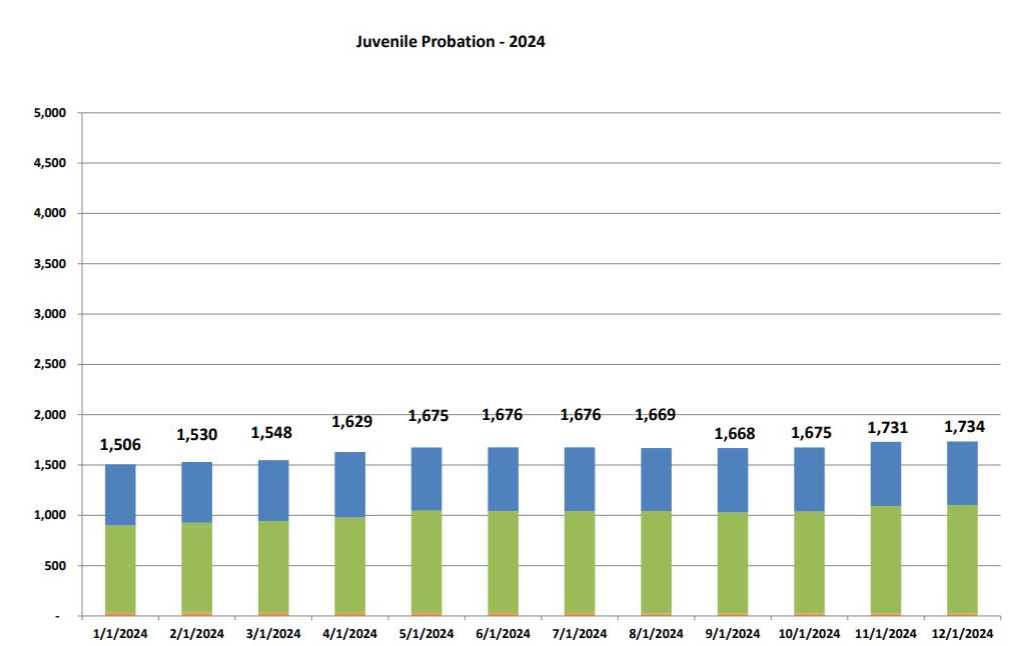 Chart showing number of individuals​​​ who are under juvenile probation by month
