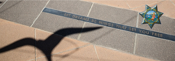 Floor tiles etched with the words "Let dreams be wings that set you free"