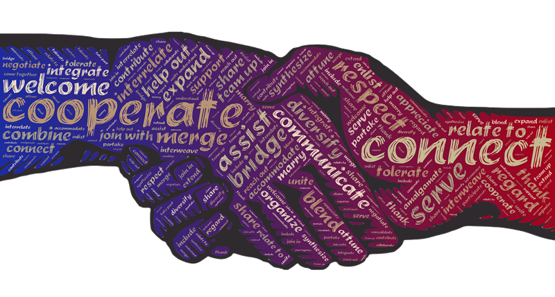 Decorative image of handshake with words written on hands